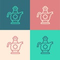 Pop art line Islamic teapot icon isolated on color background. Vector