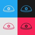 Pop art line Jewish kippah with star of david icon isolated on color background. Jewish yarmulke hat. Vector