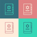 Pop art line Jewish torah book icon isolated on color background. On the cover of the Bible is the image of the Star of