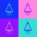 Pop art line Lamp hanging icon isolated on color background. Ceiling lamp light bulb. Vector Royalty Free Stock Photo