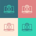 Pop art line Laptop and lock icon isolated on color background. Computer and padlock. Security, safety, protection