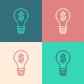 Pop art line Light bulb with dollar symbol icon isolated on color background. Money making ideas. Fintech innovation