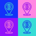 Pop art line Location bitcoin icon isolated on color background. Physical bit coin. Blockchain based secure crypto