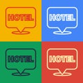 Pop art line Location hotel icon isolated on color background. Concept symbol for hotel, hostel, travel, housing rent