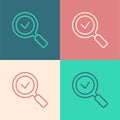 Pop art line Magnifying glass with check mark icon isolated on color background. Search, focus, zoom, business symbol Royalty Free Stock Photo