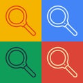 Pop art line Magnifying glass icon isolated on color background. Search, focus, zoom, business symbol. Vector Royalty Free Stock Photo