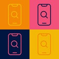 Pop art line Magnifying glass and mobile icon isolated on color background. Search, focus, zoom, business symbol. Vector Royalty Free Stock Photo