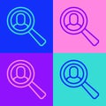 Pop art line Magnifying glass for search job icon isolated on color background. Recruitment or selection concept. Search Royalty Free Stock Photo