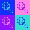 Pop art line Magnifying glass for search a people icon isolated on color background. Recruitment or selection concept. Search for Royalty Free Stock Photo