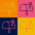 Pop art line Mail box icon isolated on color background. Mailbox icon. Mail postbox on pole with flag. Vector Royalty Free Stock Photo