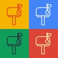 Pop art line Mail box icon isolated on color background. Mailbox icon. Mail postbox on pole with flag. Vector Royalty Free Stock Photo