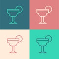 Pop art line Margarita cocktail glass with lime icon isolated on color background. Vector Royalty Free Stock Photo