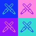 Pop art line Marshalling wands for the aircraft icon isolated on color background. Marshaller communicated with pilot