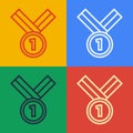 Pop art line Medal golf icon isolated on color background. Winner achievement sign. Award medal. Vector