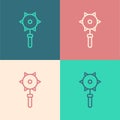 Pop art line Medieval chained mace ball icon isolated on color background. Medieval weapon. Vector