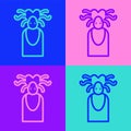 Pop art line Medusa Gorgon head with snakes greek icon isolated on color background. Vector Royalty Free Stock Photo