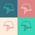 Pop art line Military helmet icon isolated on color background. Army hat symbol of defense and protect. Protective hat