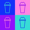 Pop art line Milkshake icon isolated on color background. Plastic cup with lid and straw. Vector Illustration.