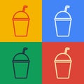 Pop art line Milkshake icon isolated on color background. Plastic cup with lid and straw. Vector Illustration