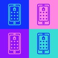 Pop art line Mobile phone and graphic password protection icon isolated on color background. Security, personal access Royalty Free Stock Photo