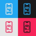 Pop art line Mobile smart phone with app delivery tracking icon isolated on color background. Parcel tracking. Vector Royalty Free Stock Photo