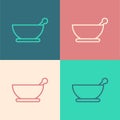 Pop art line Mortar and pestle icon isolated on color background. Vector Illustration