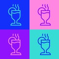 Pop art line Mulled wine with glass of drink and ingredients icon isolated on color background. Cinnamon stick, clove