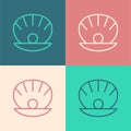 Pop art line Natural open shell with pearl icon isolated on color background. Scallop sea shell. Seashell sign. Vector. Royalty Free Stock Photo