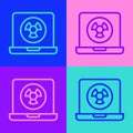 Pop art line Nuclear laptop icon isolated on color background. Vector