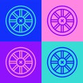 Pop art line Old wooden wheel icon isolated on color background. Vector