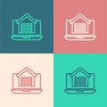 Pop art line Online real estate house on laptop icon isolated on color background. Home loan concept, rent, buy, buying Royalty Free Stock Photo