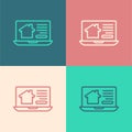 Pop art line Online real estate house on laptop icon isolated on color background. Home loan concept, rent, buy, buying Royalty Free Stock Photo