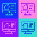 Pop art line Online real estate house on monitor icon isolated on color background. Home loan concept, rent, buy, buying Royalty Free Stock Photo