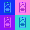 Pop art line Online real estate house on smartphone icon isolated on color background. Home loan concept, rent, buy Royalty Free Stock Photo