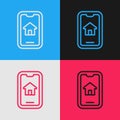 Pop art line Online real estate house on smartphone icon isolated on color background. Home loan concept, rent, buy Royalty Free Stock Photo
