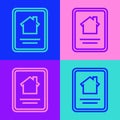 Pop art line Online real estate house on tablet icon isolated on color background. Home loan concept, rent, buy, buying Royalty Free Stock Photo