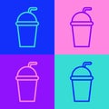 Pop art line Paper glass with drinking straw and water icon isolated on color background. Soda drink glass. Fresh cold Royalty Free Stock Photo