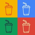 Pop art line Paper glass with drinking straw and water icon isolated on color background. Soda drink glass. Fresh cold Royalty Free Stock Photo