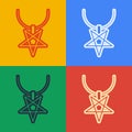 Pop art line Pentagram on necklace icon isolated on color background. Magic occult star symbol. Vector Royalty Free Stock Photo