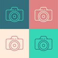 Pop art line Photo camera icon isolated on color background. Foto camera icon. Vector Illustration