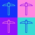 Pop art line Pickaxe icon isolated on color background. Blockchain technology, cryptocurrency mining, bitcoin, digital