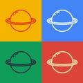 Pop art line Planet Saturn with planetary ring system icon isolated on color background. Vector Royalty Free Stock Photo