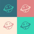Pop art line Planet Saturn with planetary ring system icon isolated on color background. Vector Royalty Free Stock Photo