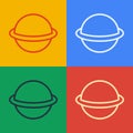 Pop art line Planet Saturn with planetary ring system icon isolated on color background. Vector Royalty Free Stock Photo