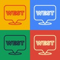 Pop art line Pointer to wild west icon isolated on color background. Western signboard, message board, signpost for