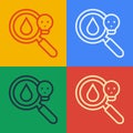 Pop art line Poisonous research magnifying glass icon isolated on color background. Vector