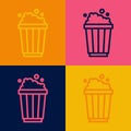 Pop art line Popcorn in cardboard box icon isolated on color background. Popcorn bucket box. Vector