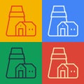 Pop art line Power station plant and factory icon isolated on color background. Energy industrial concept. Vector Royalty Free Stock Photo