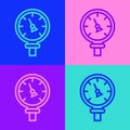 Pop art line Pressure water meter icon isolated on color background. Vector