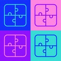 Pop art line Puzzle pieces toy icon isolated on color background. Vector Royalty Free Stock Photo